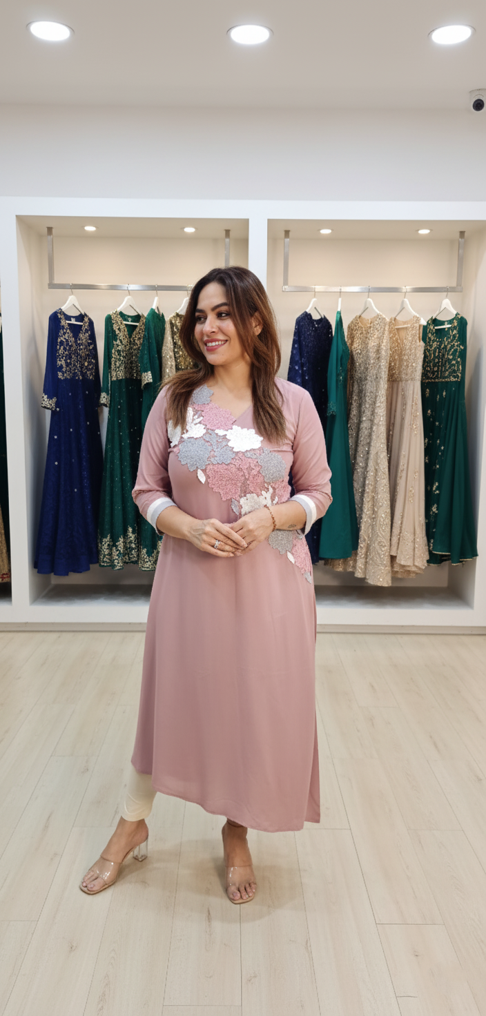 Slanting cut cotton kurti with cutwork lace