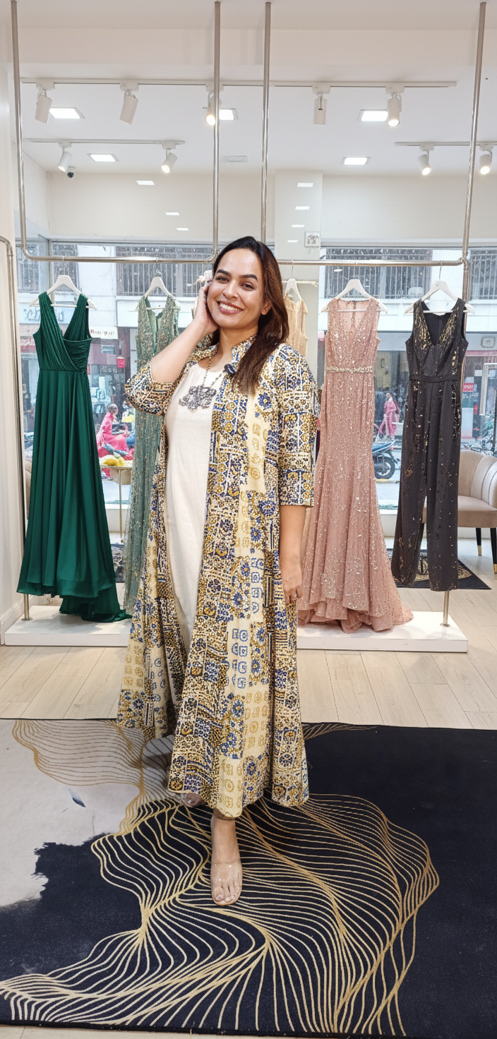 Ajrak Print Panel cut jacket with offwhite sleeveless inner