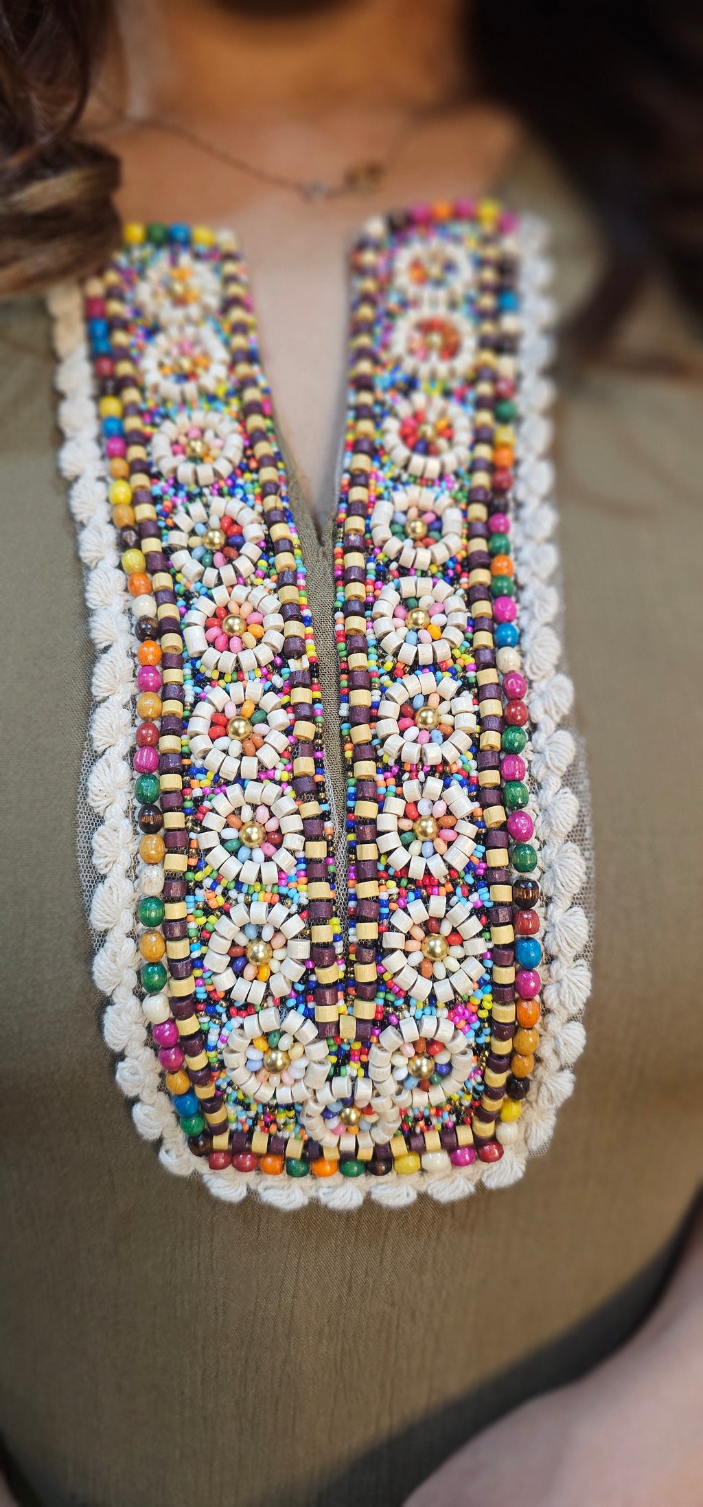 Wrinkle rayon fabric dress with beautiful embellished neck lace