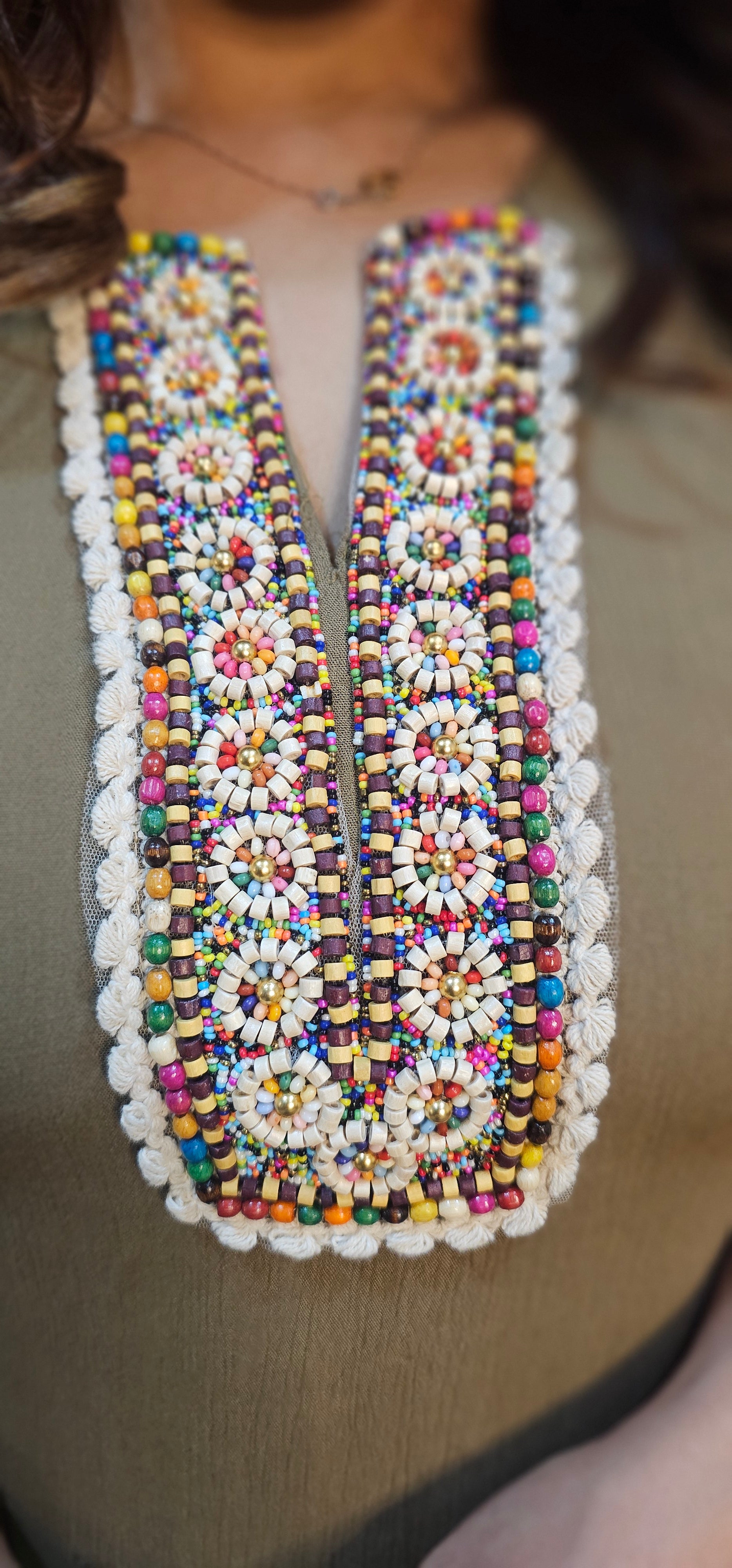 Wrinkle rayon fabric dress with beautiful embellished neck lace