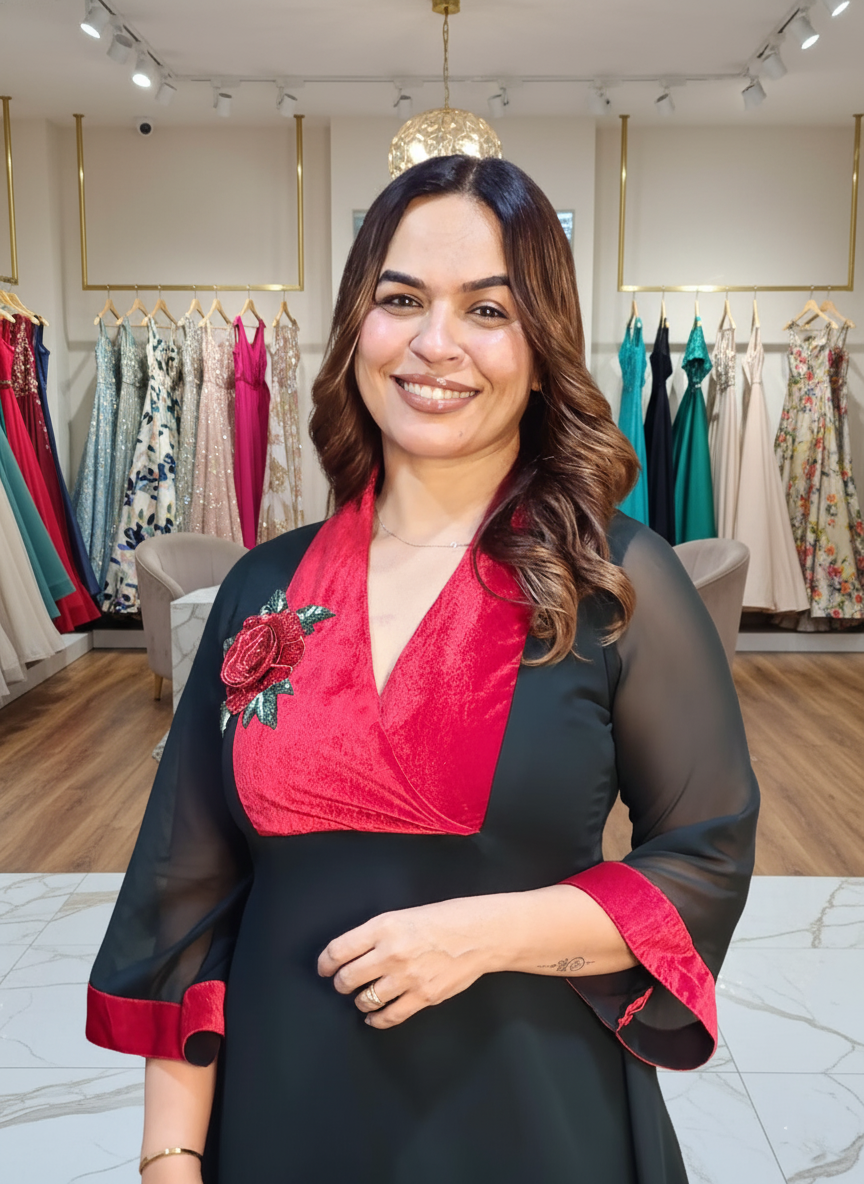 Bottle green georgett and red velvet yolk  border kurti with embossed embellished floral rose work