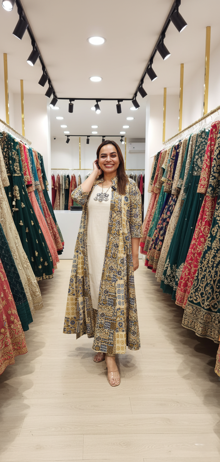 Ajrak Print Panel cut jacket with offwhite sleeveless inner