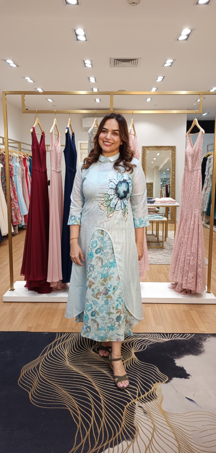 Kota and cotton dress with floral applique