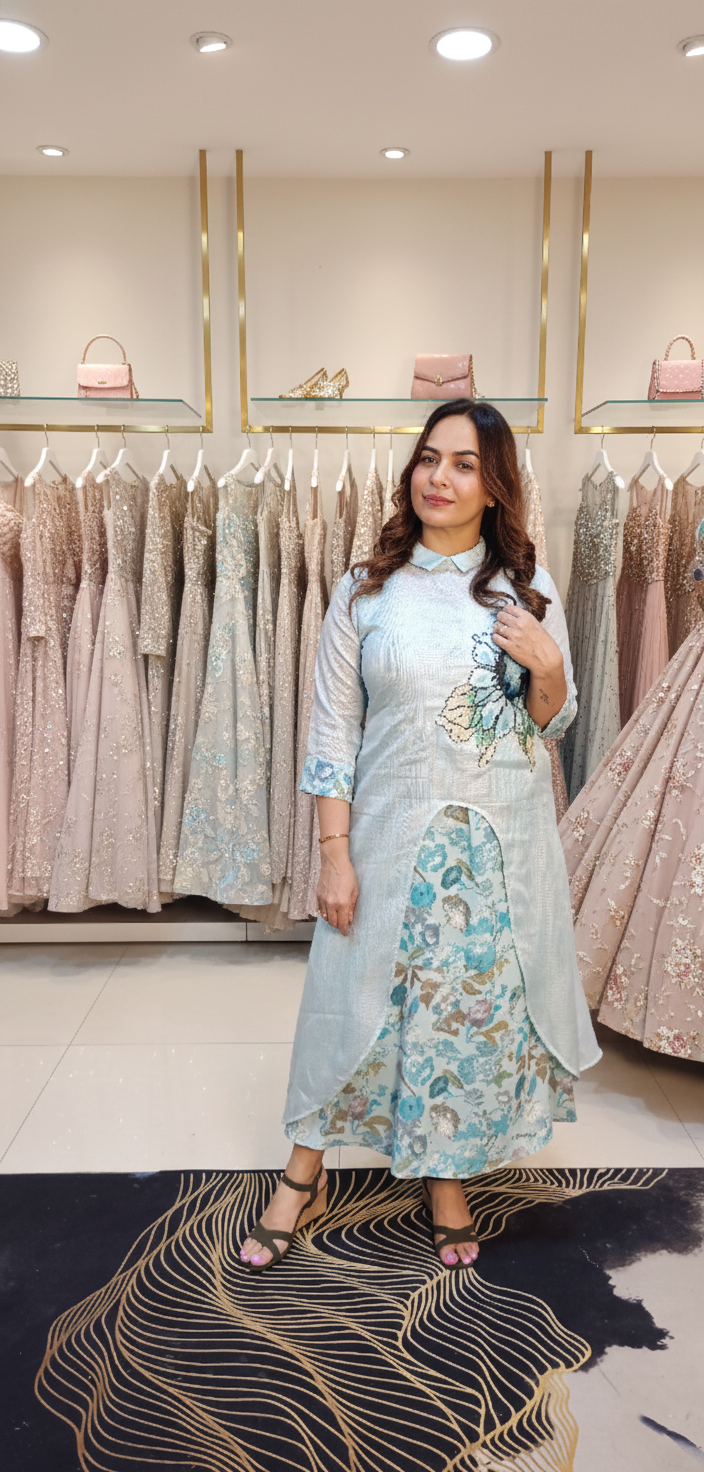 Kota and cotton dress with floral applique