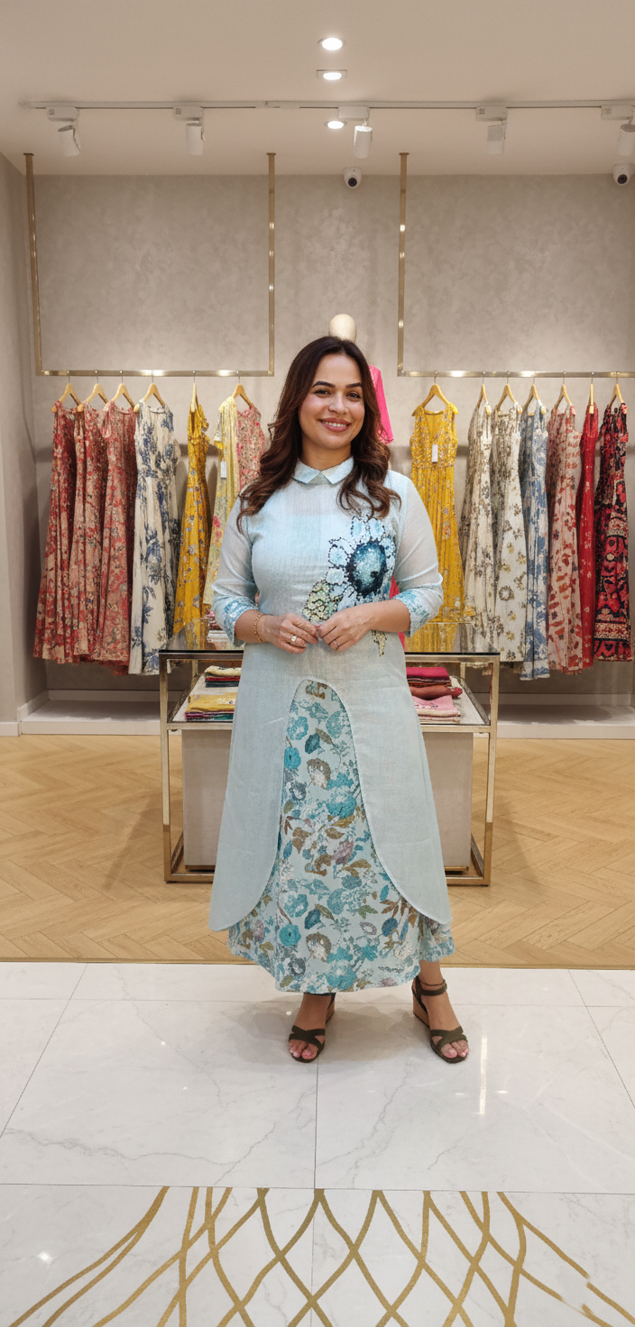 Kota and cotton dress with floral applique