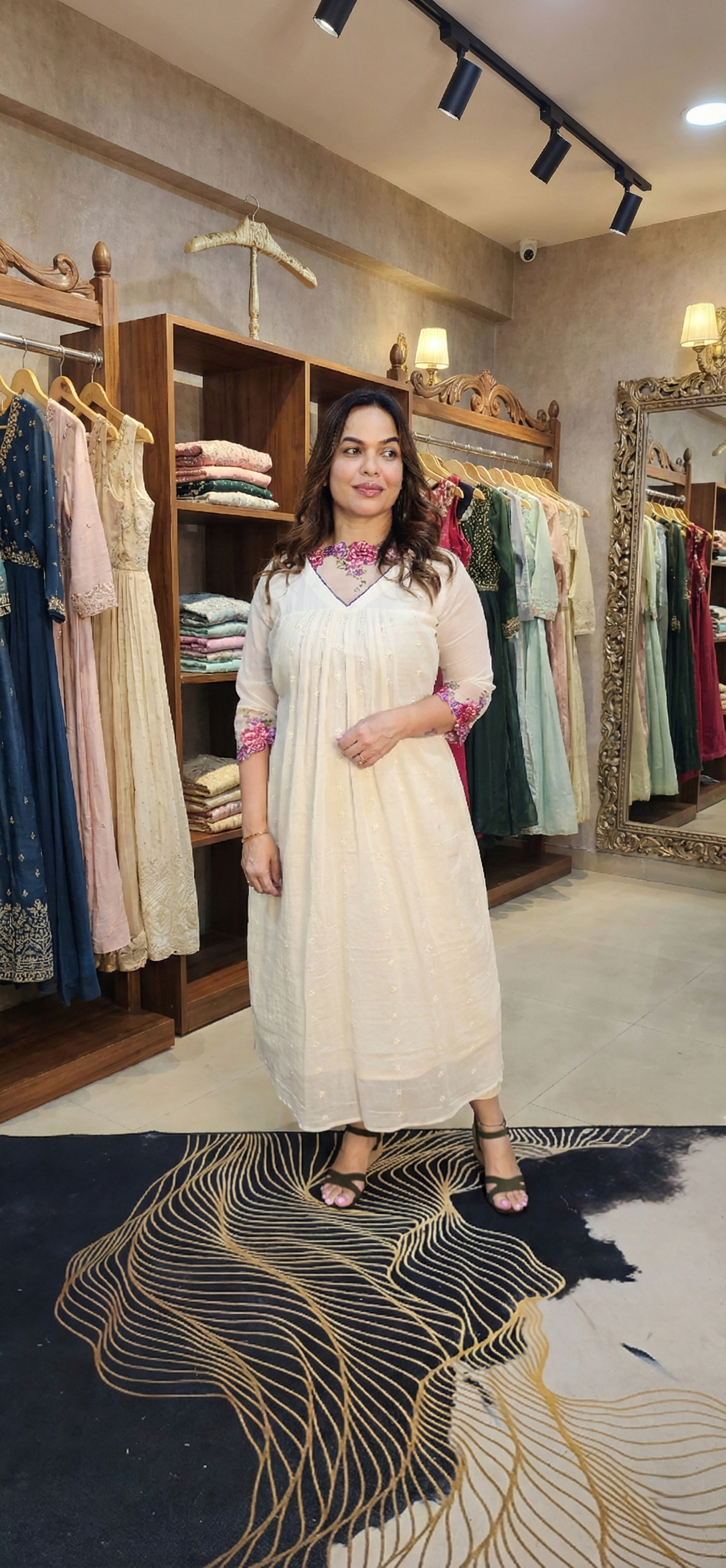 Mull cotton fleeted kurti with multicolored floral embroidery net lace