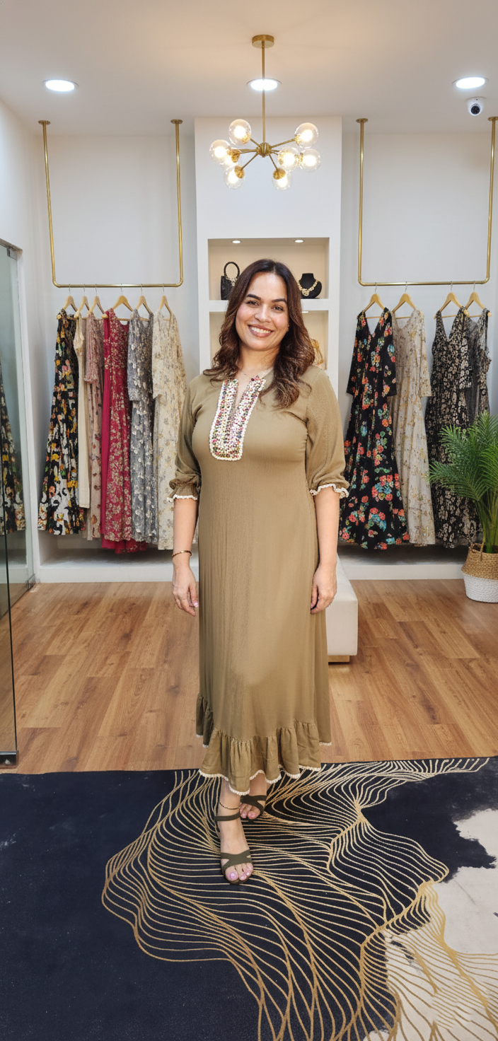 Wrinkle rayon fabric dress with beautiful embellished neck lace