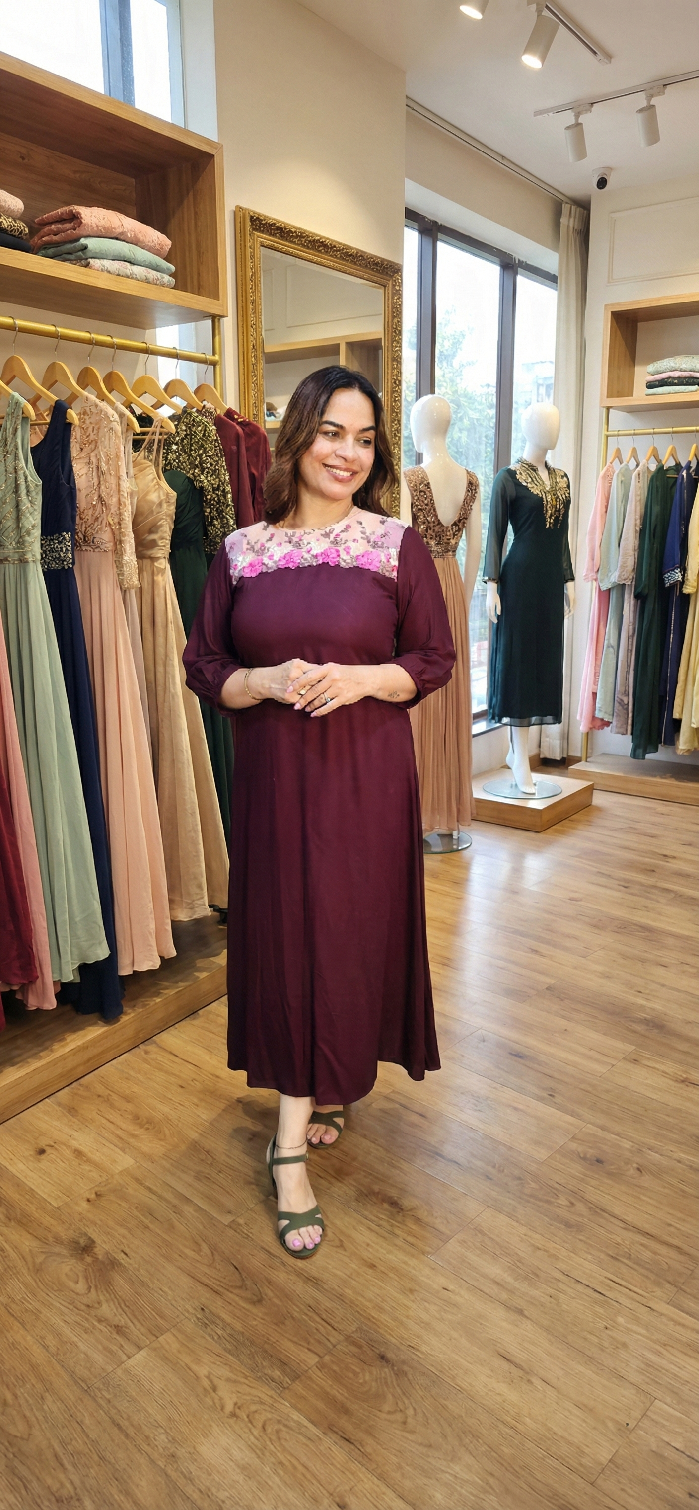 Cotton aline kurti with embroidered net lace neck