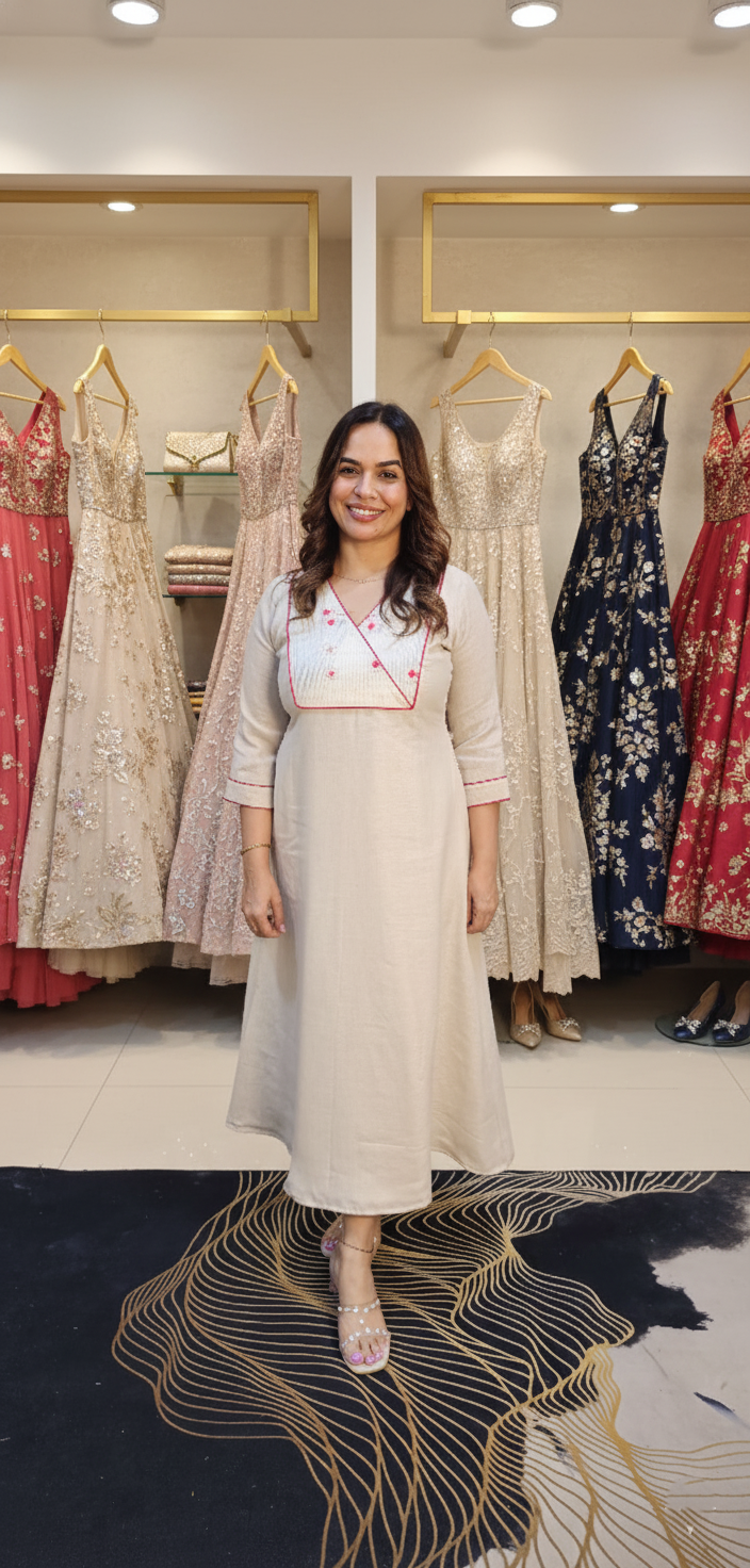 Semi linen kurti with embroidered tissue yolk