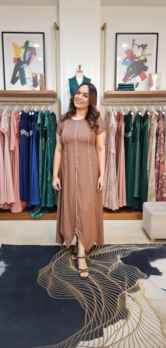 Stylish panel cut dress with piping