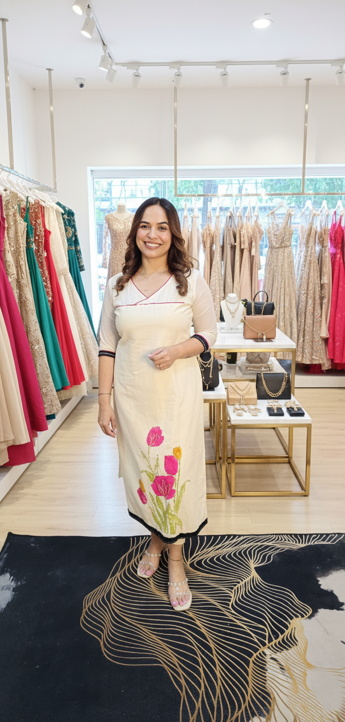 Offwhite mullcotton kurti with floral print