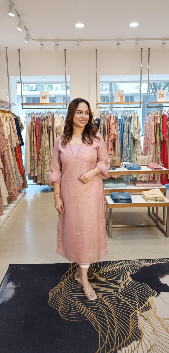 Semi linen kurti with organza scalop lace