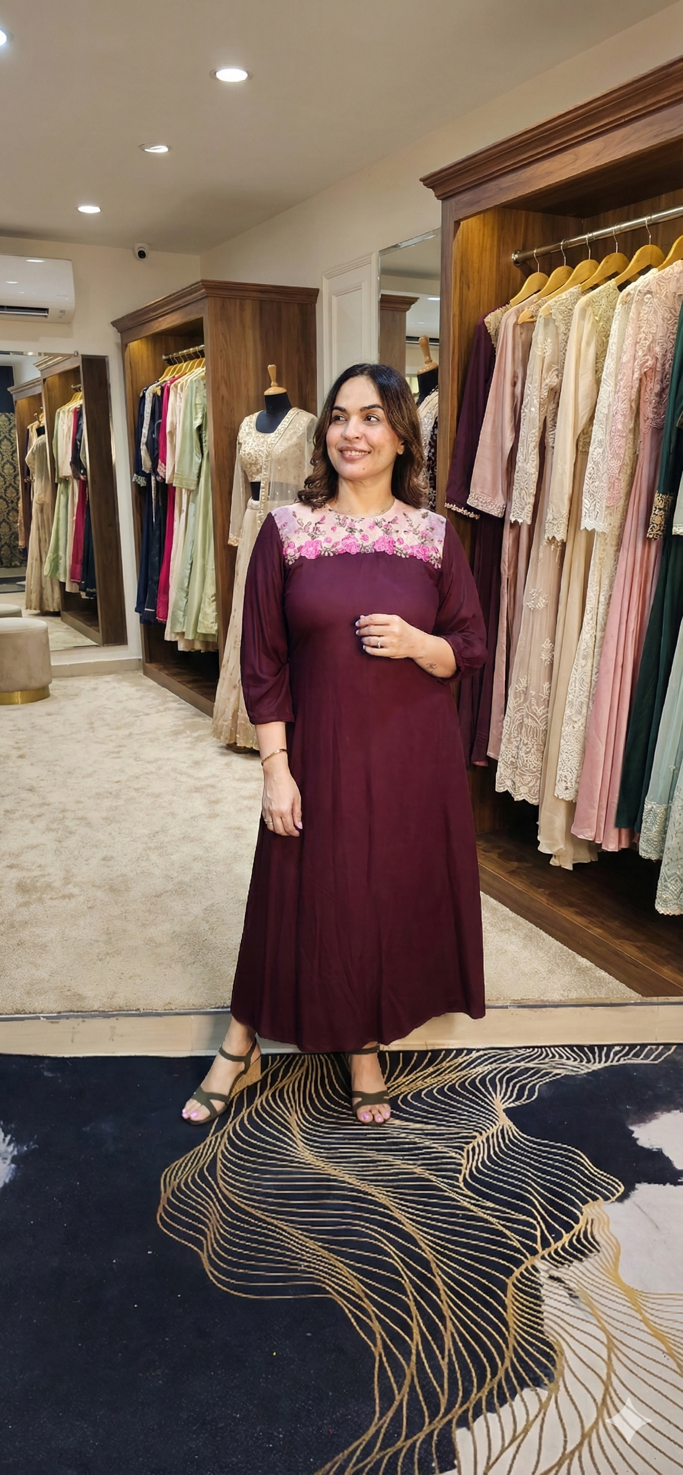 Cotton aline kurti with embroidered net lace neck
