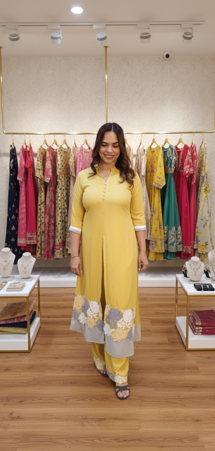 Yellow cotton cordset with cutwork lace