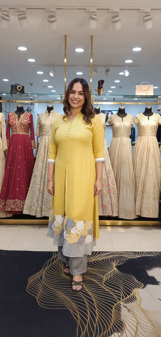 Yellow cotton cordset with cutwork lace