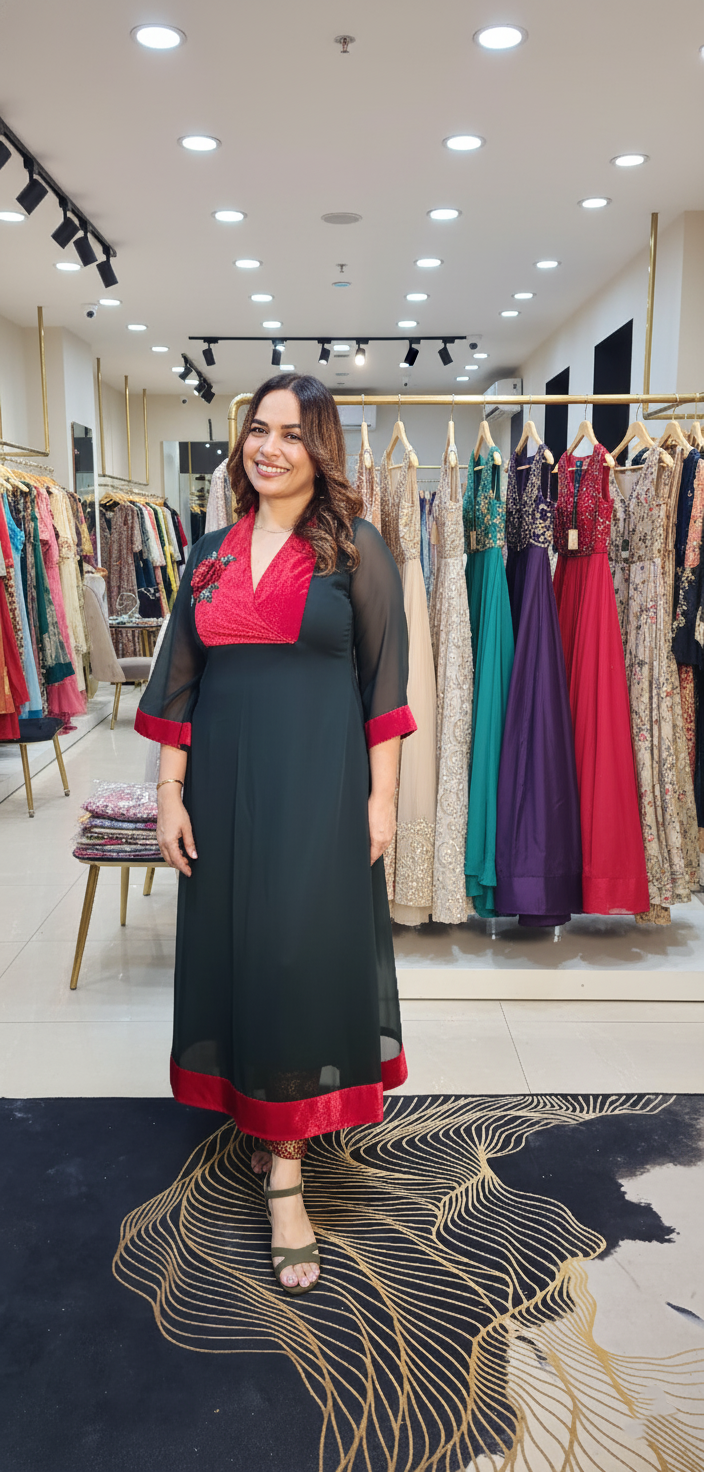 Bottle green georgett and red velvet yolk  border kurti with embossed embellished floral rose work