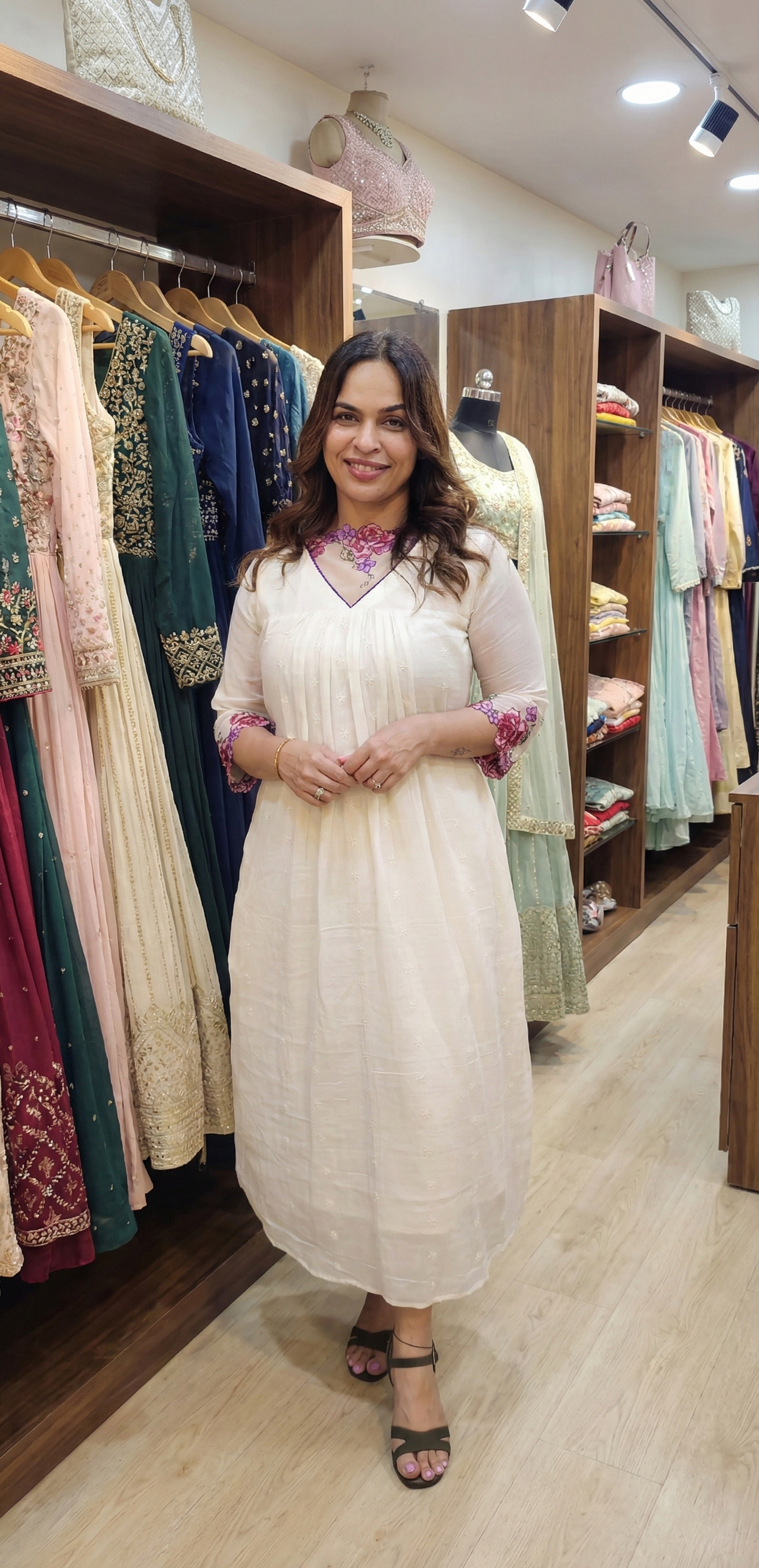 Mull cotton fleeted kurti with multicolored floral embroidery net lace