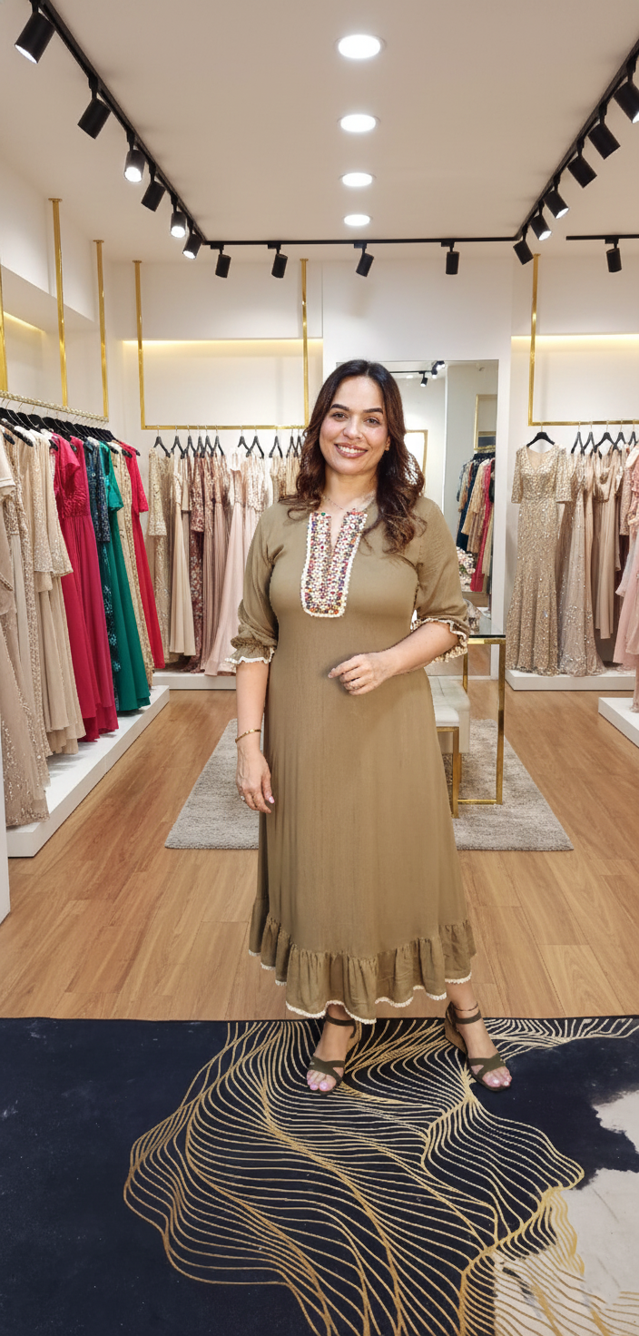 Wrinkle rayon fabric dress with beautiful embellished neck lace