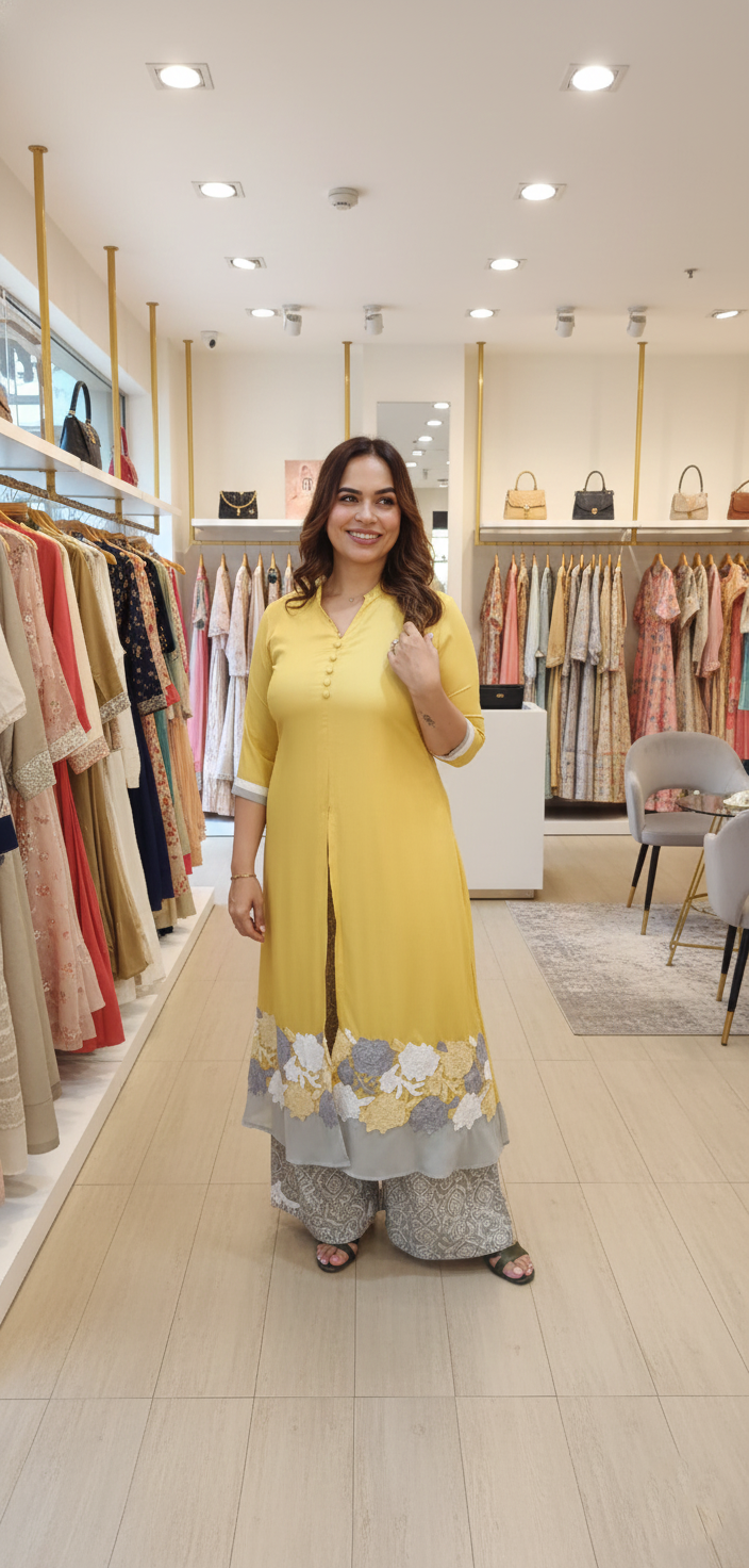 Yellow cotton cordset with cutwork lace