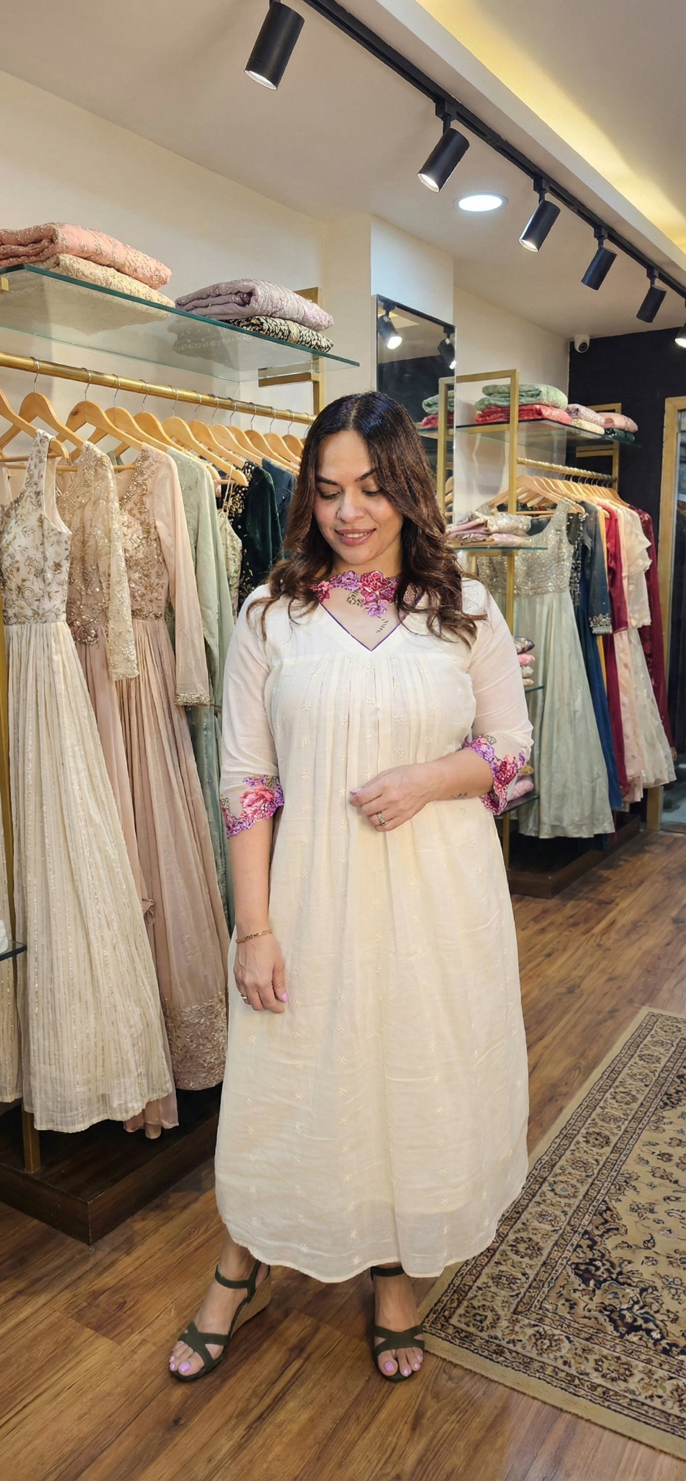 Mull cotton fleeted kurti with multicolored floral embroidery net lace