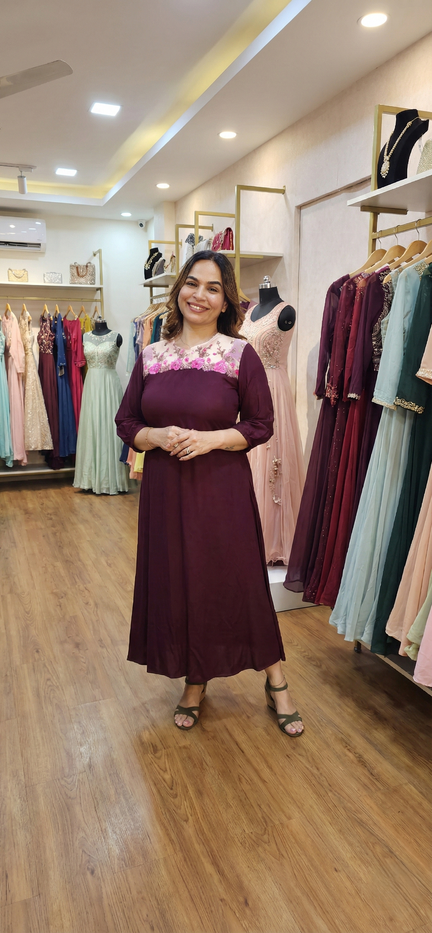 Cotton aline kurti with embroidered net lace neck