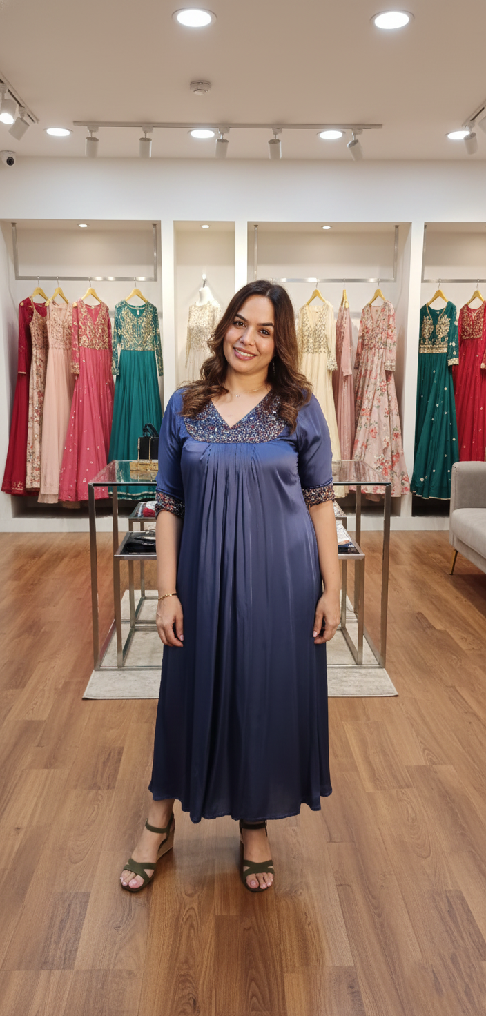 Modalsilk fleeted kurti with ajrak print modalsilk yolk