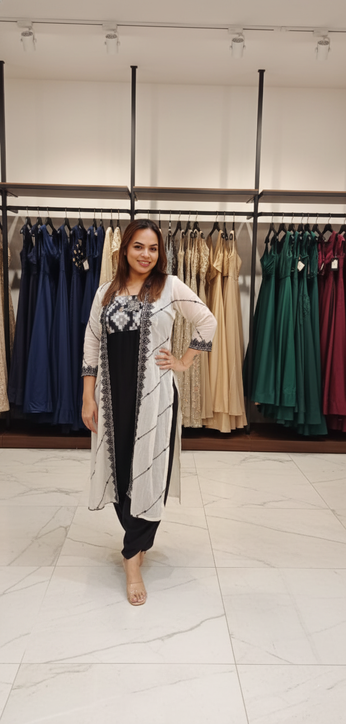 Sleevless ikat yolk Jumpsuit with mirror work jacket in mullcotton fabric 